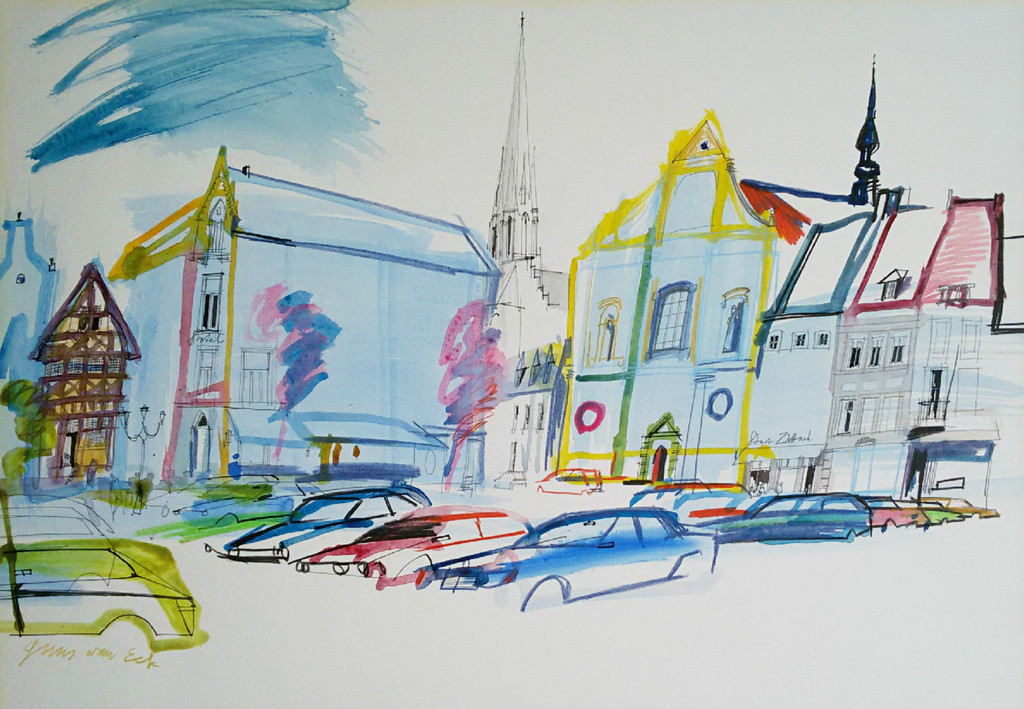 Guus van Eck - Markt in Sittard, gemengde techniek op papier verkocht voor € 220!