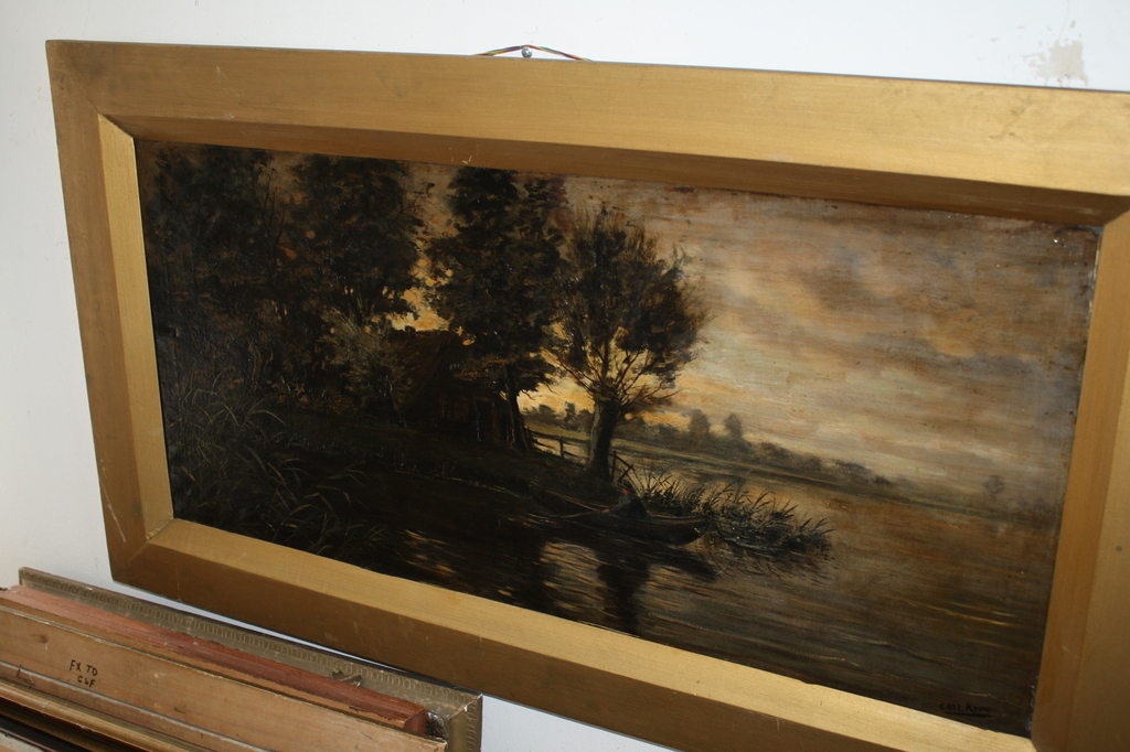 ZEER FRAAI OLIEVERF -  VISSER IN DE POLDER bij AVONDLICHT van KOUW grootformaat kopen? Bied vanaf 1!