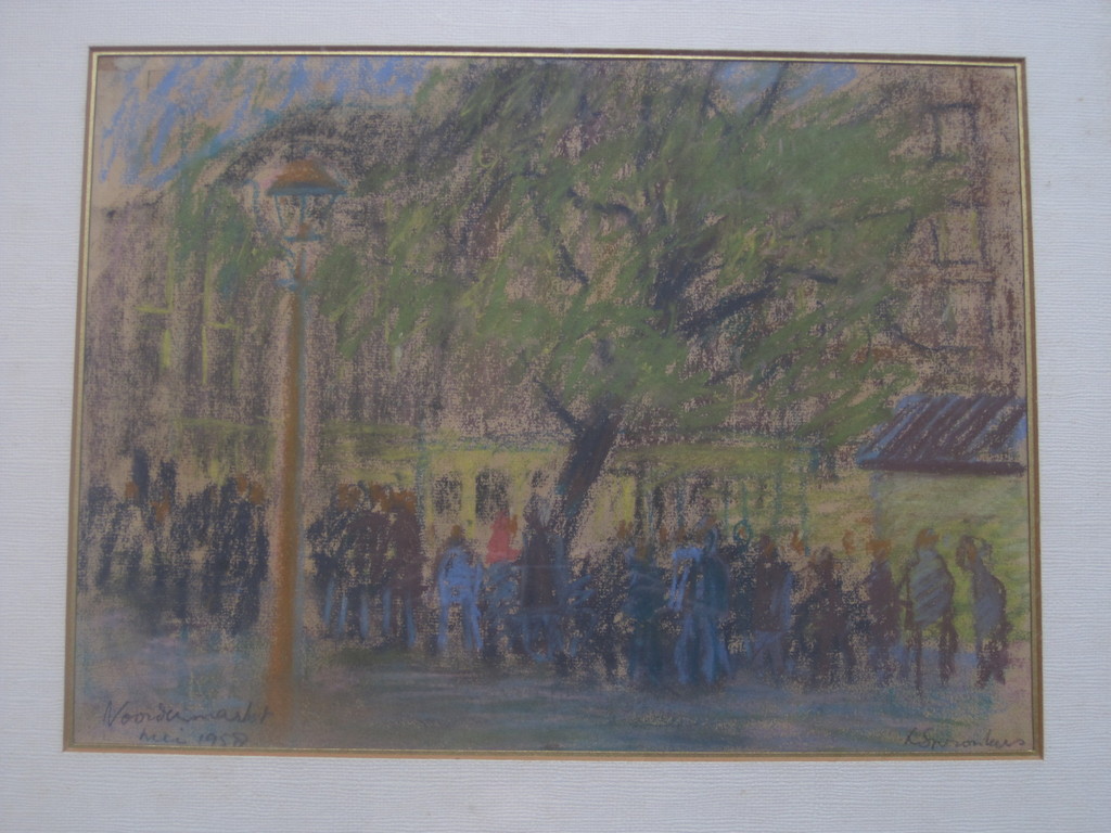 gesign. L.Spronkers  pasteltekening "Amsterdam Noordermarkt 1958" kopen? Bied vanaf 1!