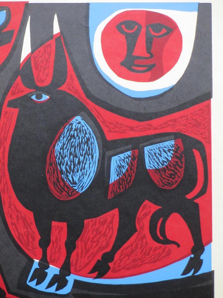 Gerrit de Moree, Mens en Dier, Kleurenlinosnede kopen? Bied vanaf 45!