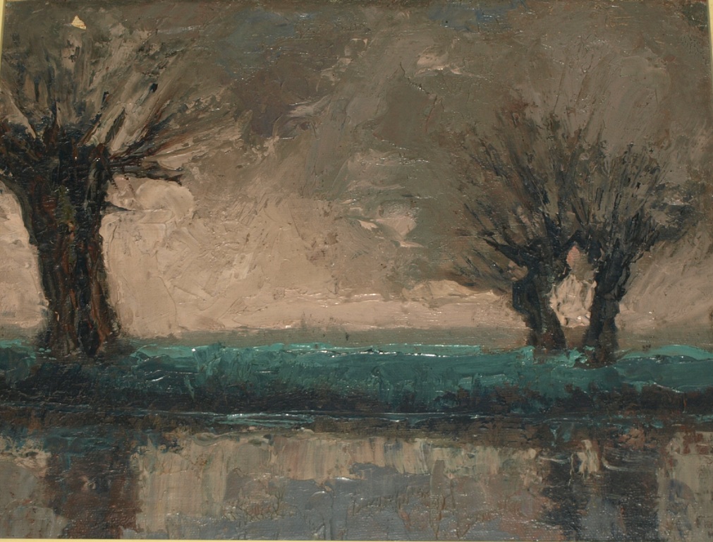 Felix Koch : Olieverf op paneel – Knotwilgen aan het water – gesigneerd –ca 1900 verkocht voor € 56!