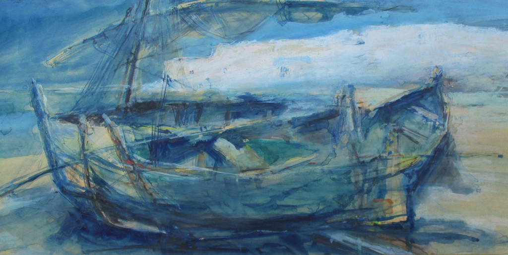 Jan Jonges: Gouache, Boten Spanje verkocht voor € 125!