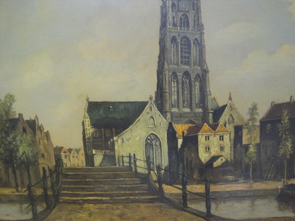 Groot ca. 1920 Rotterdam stadsgezicht  Delftsche vaart Laurenskerk gesigneerd  kopen? Bied vanaf 1!