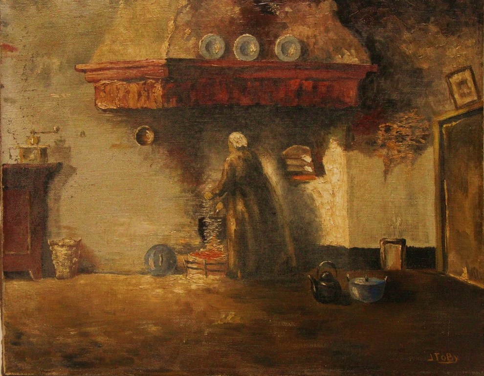 Vrouw bij haardplaats door Sjef Toby (1936) - olieverf op doek (ca.1968) verkocht voor € 125!