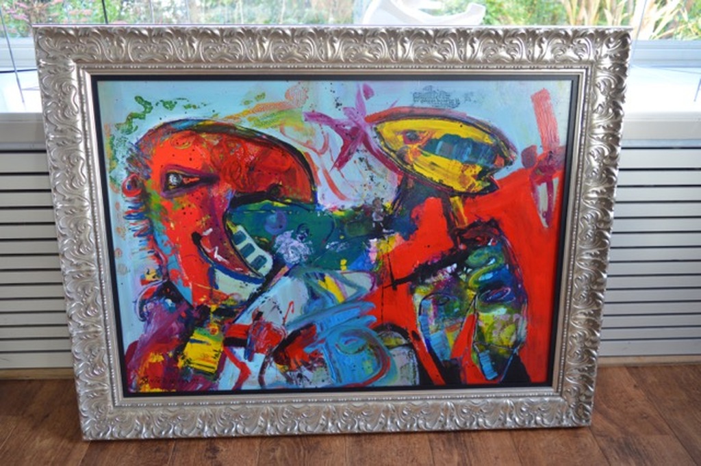 Jan te Wierik - gemengde techniek op paneel - 'samen er op uit' verkocht voor € 3101!