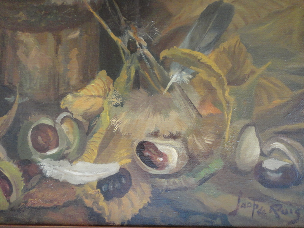 Jaap de Ruig, olieverf op doek, stilleven met o.a. distel en wilde kastanjes kopen? Bied vanaf 1!