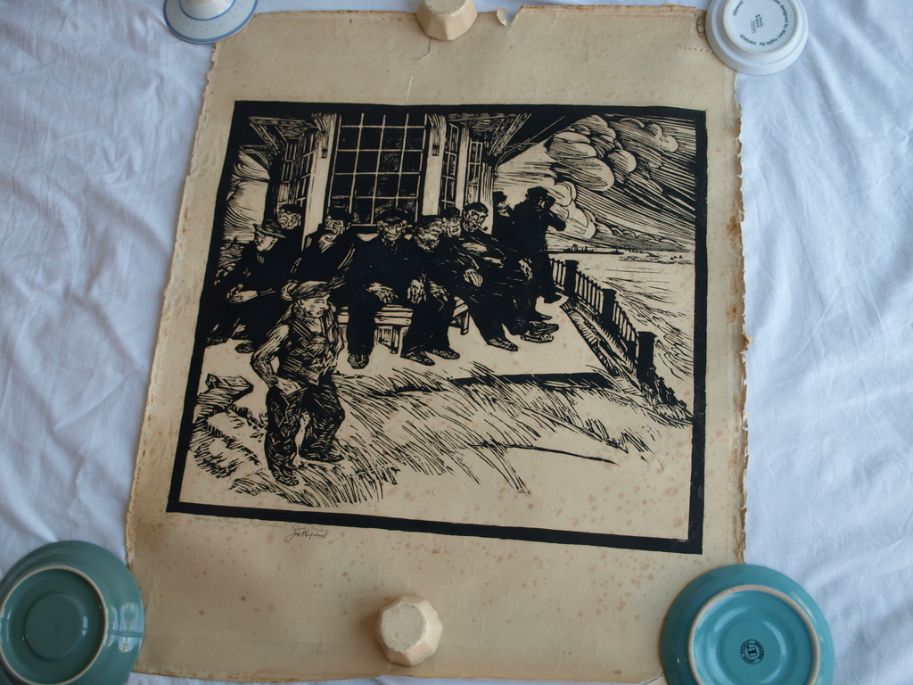 Joseph Raphael : Houtsnede, Old Sailors at the Pavilion in the Dunes – 1927 kopen? Bied vanaf 1!