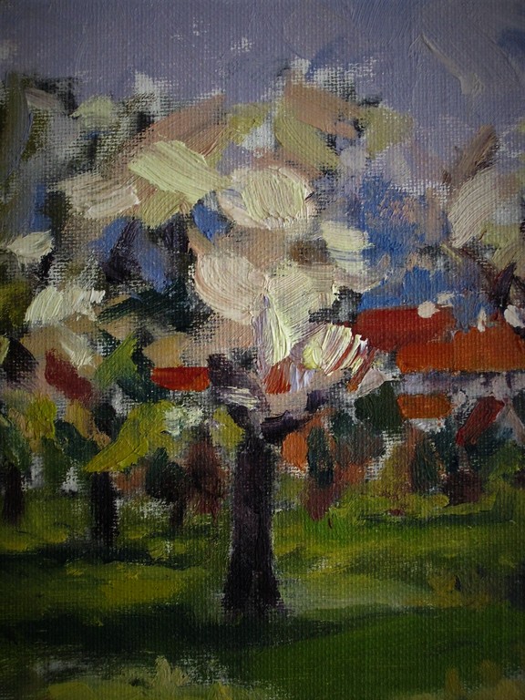 Fraai impression 1950 Hongaars? gesigneerd olieverf "landschap met bloesembomen" kopen? Bied vanaf 1!