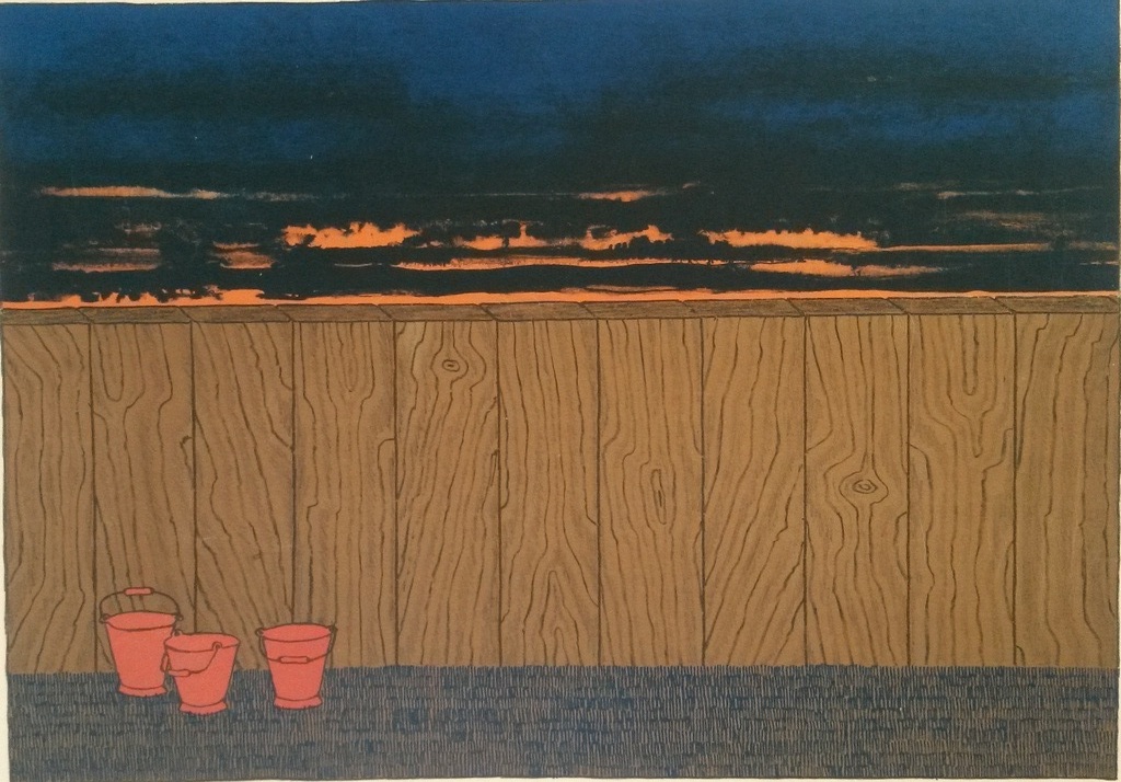 Mark Brusse - Schutting met emmers - litho  kopen? Bied vanaf 25!