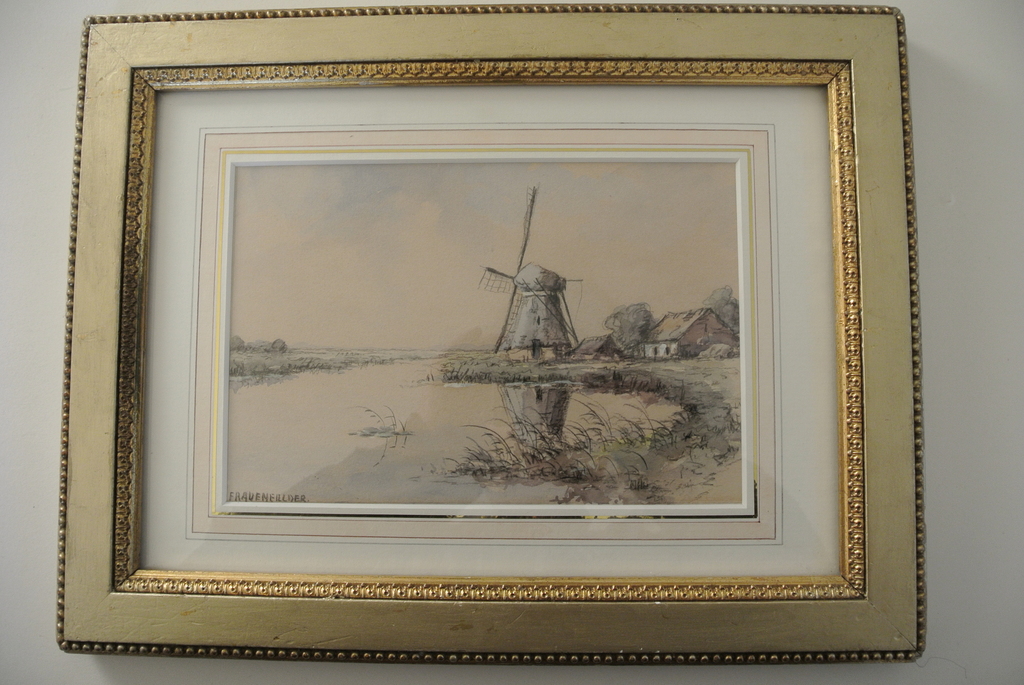 Hendrik Frauenfelder. Molen en water bij Warmond. Gem. Techniek. Mooi ingelijst. verkocht voor € 125!
