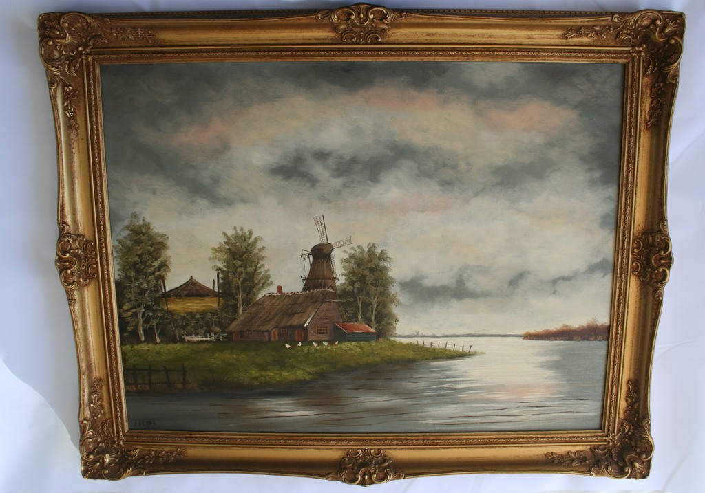 J. Verda (20e eeuw) - olieverf op doek - boerderij met molen aan het water kopen? Bied vanaf 80!