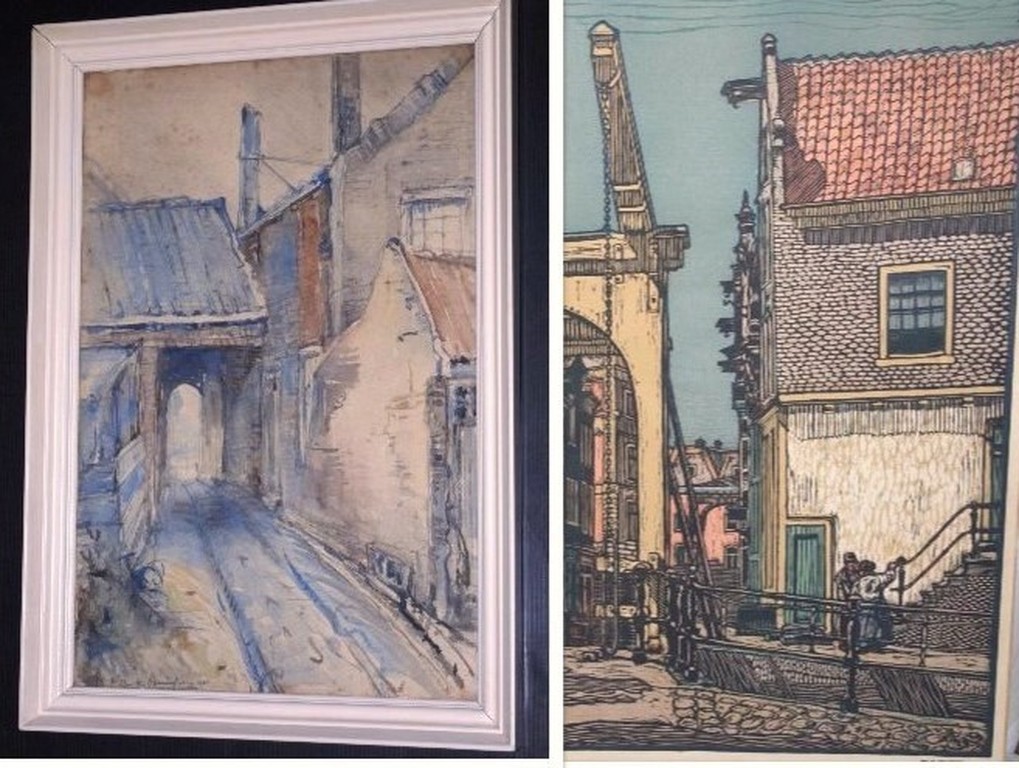 aquarel dorpsstraatje 1901 + houtsnede Staalstraat Amsterdam 1932 verkocht voor € 40!