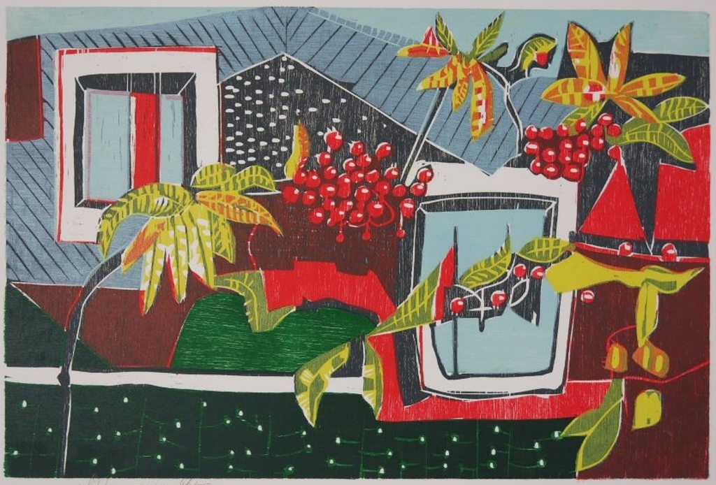 Vincent van Ojen: Houtsnede, Compositie bessentakjes verkocht voor € 55!