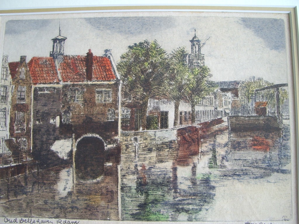 Frans de Groen, ingekleurde ets, historisch Delfshaven verkocht voor € 69!