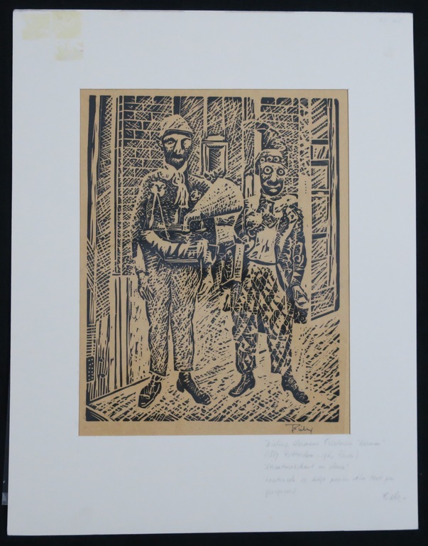 Herman Bieling:Houtsnede op papier velin, Straatmuzikant en clown kopen? Bied vanaf 50!
