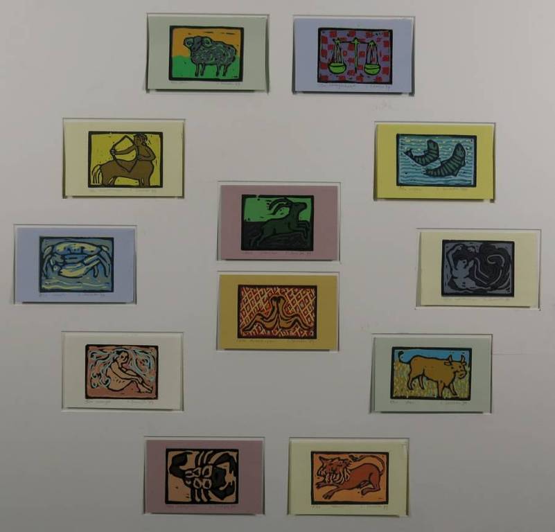 Lenneke Saraber: 29 Linosnedes in 3 passe-partouts, De Sterrenbeelden en de 4 Evangelisten kopen? Bied vanaf 1!