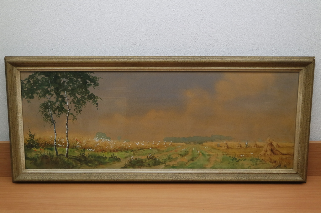 Arie Zonneveld (1905-1941) - aquarel - landschap met korenschoven en figuren verkocht voor € 155!