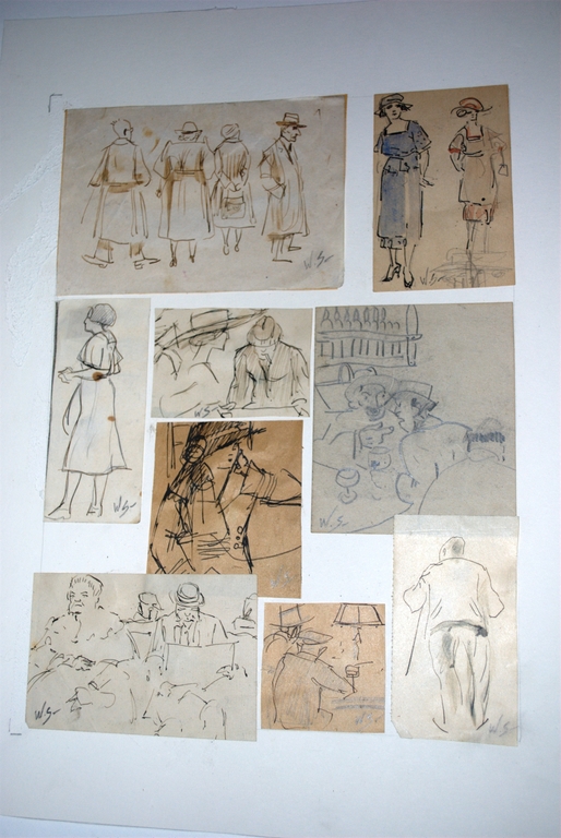 9 schetsen in potlood/pen/aquarel - allen met monogram - fraai ingelijst kopen? Bied vanaf 495!