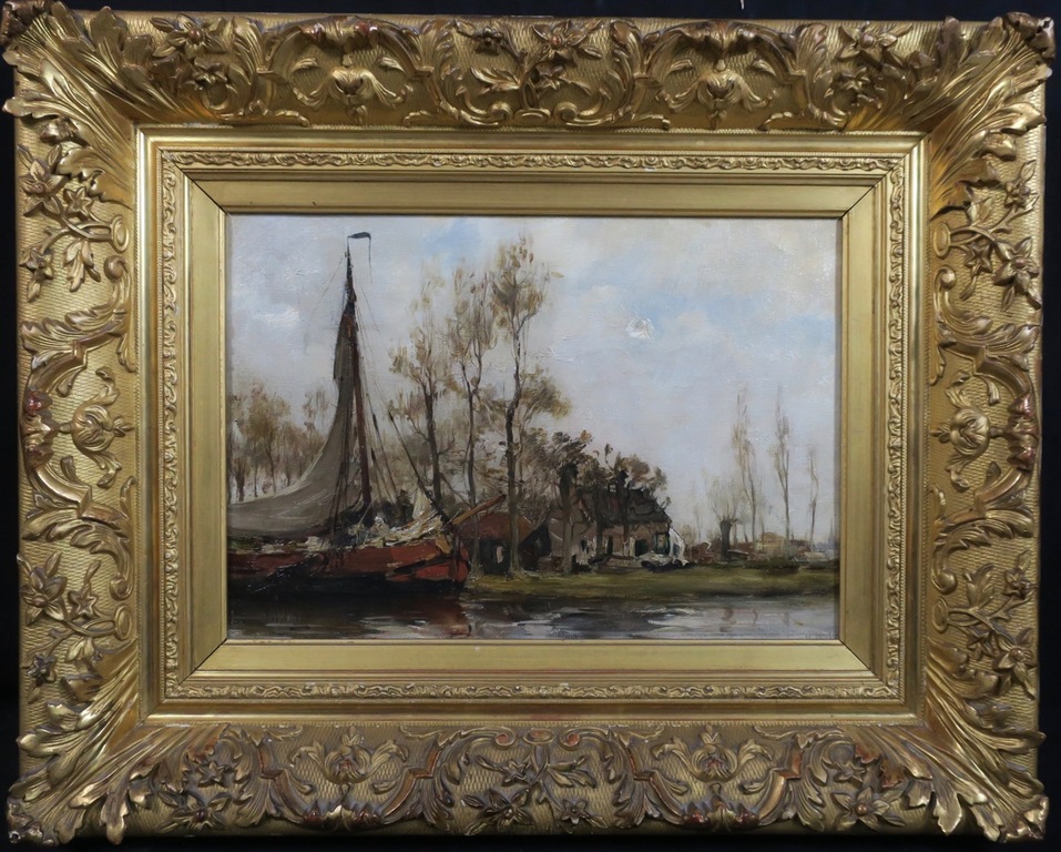 Hobbe Smith: Olieverf op doek, Platbodem bij boerderij - Ingelijst verkocht voor € 400!