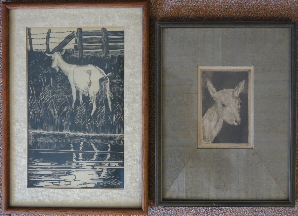 Twee geitjes: 1x lino Jan Veringa + 1x ets (onbekend gesigneerd) - Ingelijst kopen? Bied vanaf 20!