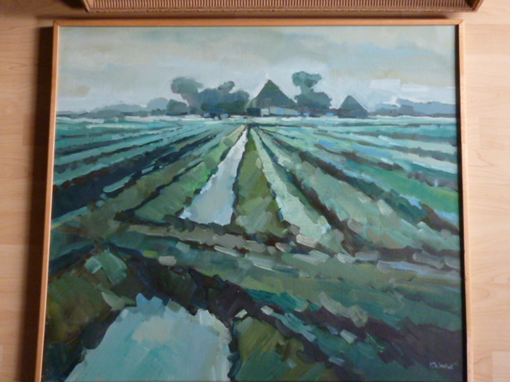 Bob Immink - olieverf - Noordhollands landschap met stolpboerderijen verkocht voor € 225!