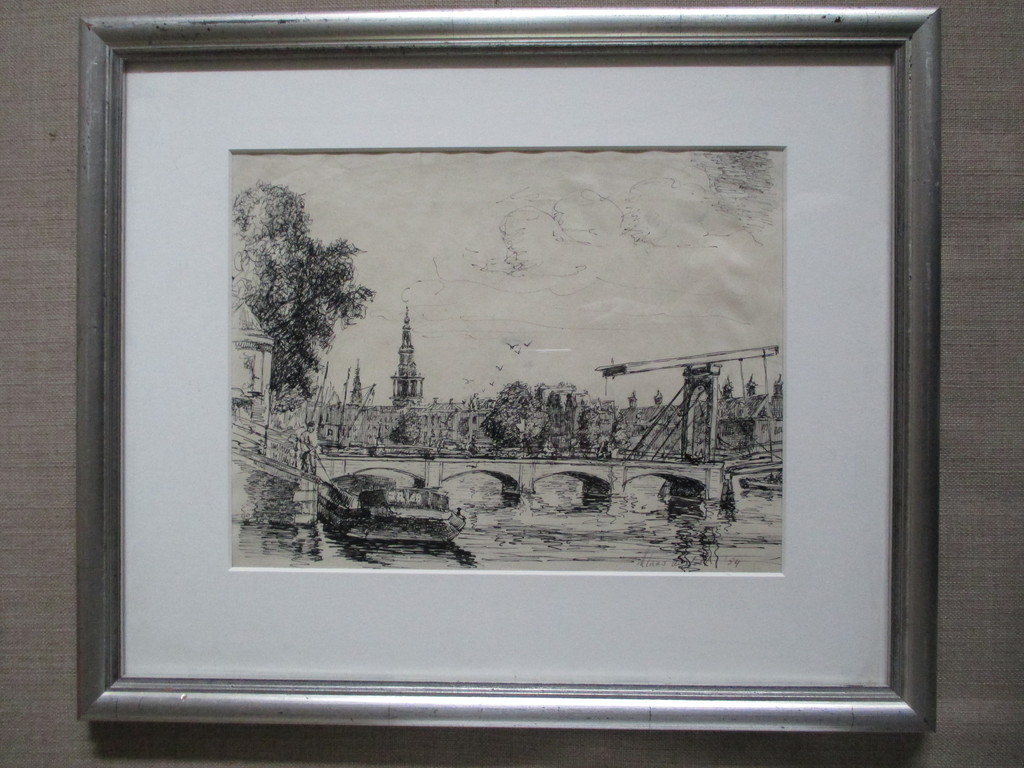 Klaas de Poel, ingelijste inkttekening Magere Brug Amsterdam 1954 kopen? Bied vanaf 1!