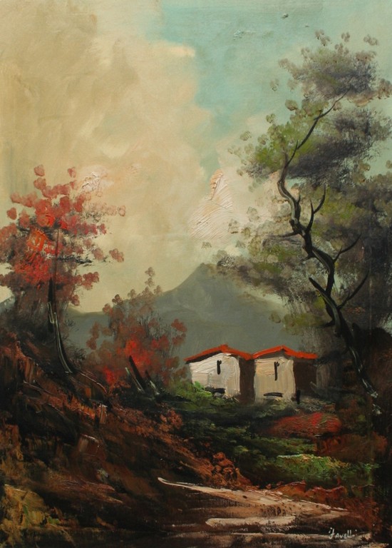 Gesigneerd met Favelli - Olieverf op doek - Huizen in de bergen verkocht voor € 70!