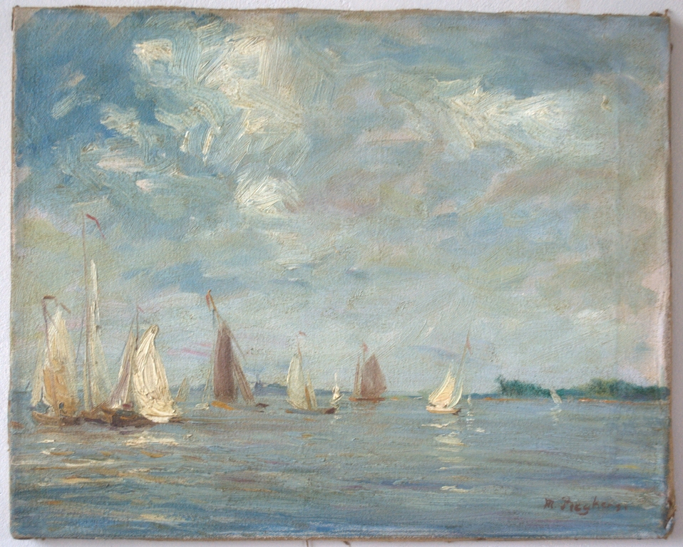 Zeilboten op een meer - olieverf op doek, rond 1920 - gesigneerd verkocht voor € 50!