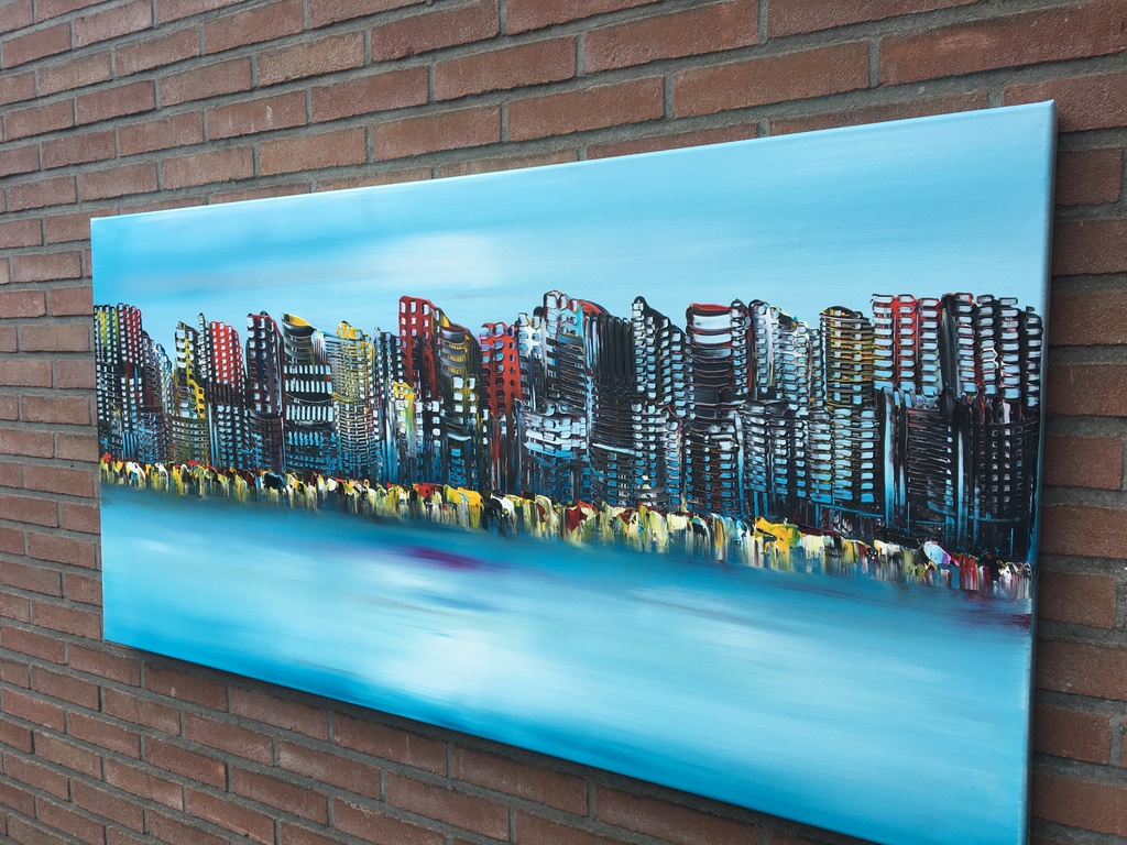 Gena - Skyline city - Gesigneerd - Acrylverf op doek kopen? Bied vanaf 200!