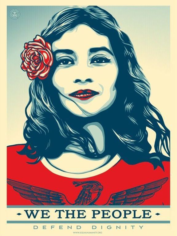 AcheterShepard Fairey - Shepard Fairey (OBEY) - We The People - Drie grote offset prints? Enchérissez de 100!