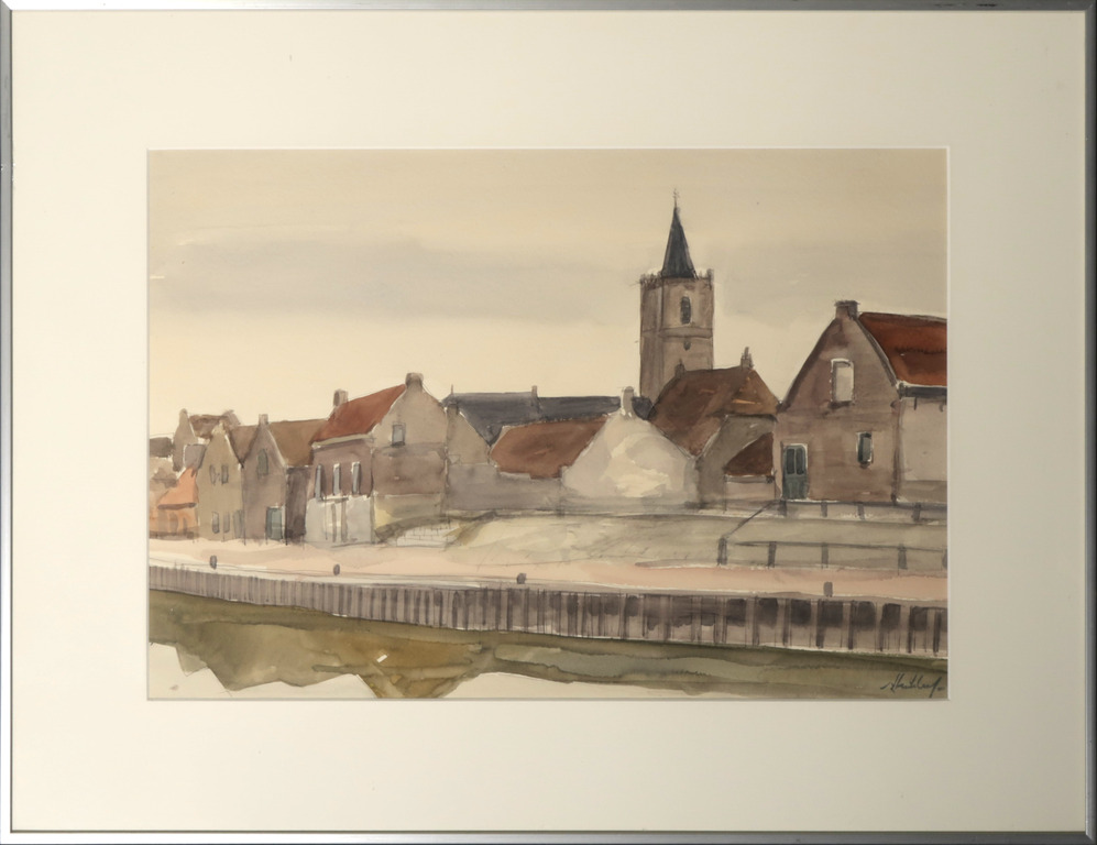 Ad Kikkert: Aquarel, Dorpsgezicht - Ingelijst verkocht voor € 35!