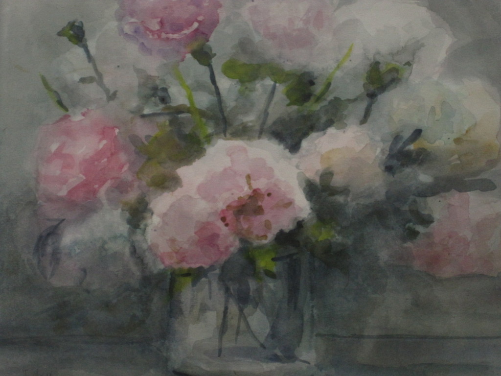 Knap impressionistisch aquarel "stilleven pioenrozen in glazen vaas" gesigneerd  kopen? Bied vanaf 1!