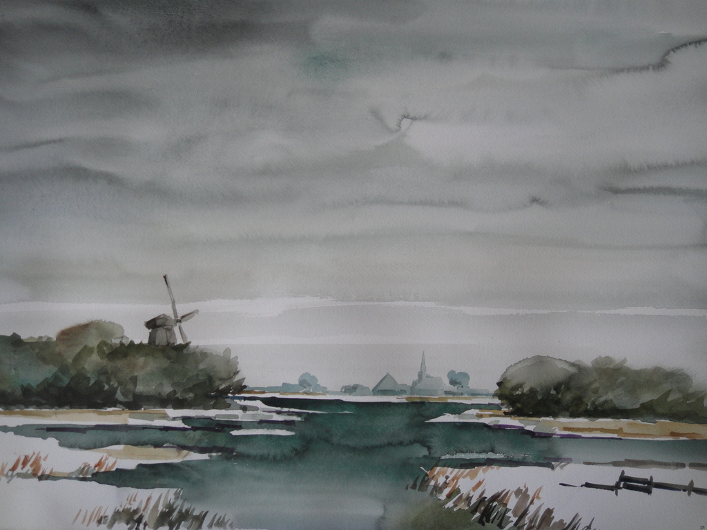 Bob (Petrus Theodorus) Immink, aquarel, polder te Waterland kopen? Bied vanaf 75!