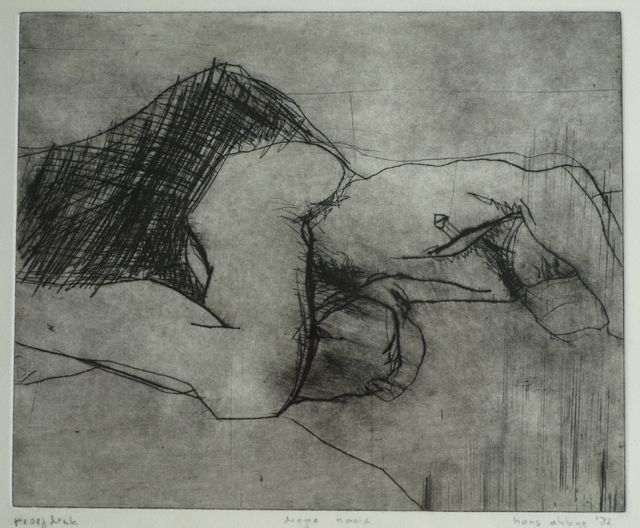 Hans Abbing : Ets , Slapende man – ingelijst – 1982 – proefdruk verkocht voor € 52!