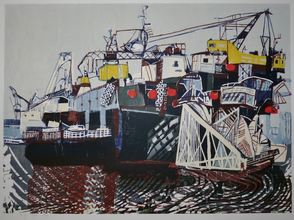 Vincent van Ojen: Kleurenhoutsnede, Haventafereel, Oplage 23 stuks, Gesigneerd verkocht voor € 165!