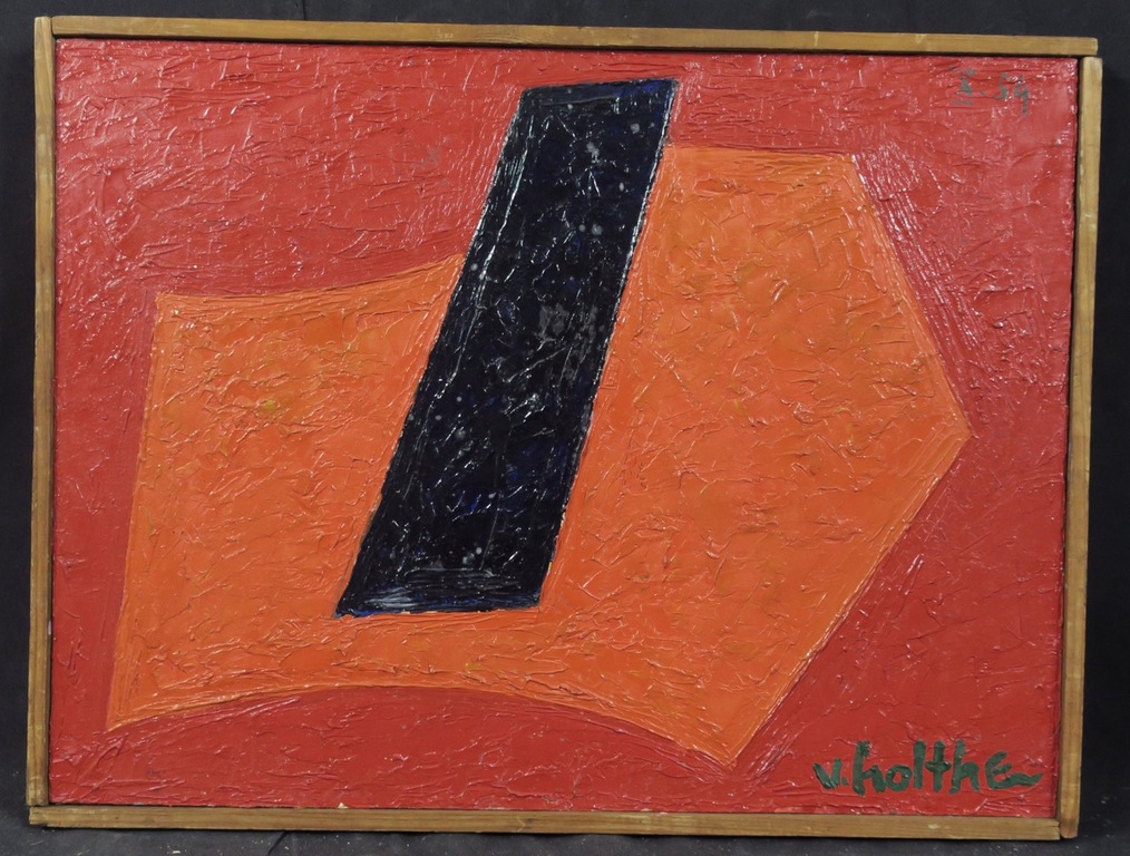 Jan van Holthe: Olieverf op board, Abstrait I Noir sur rouge - Ingelijst kopen? Bied vanaf 50!