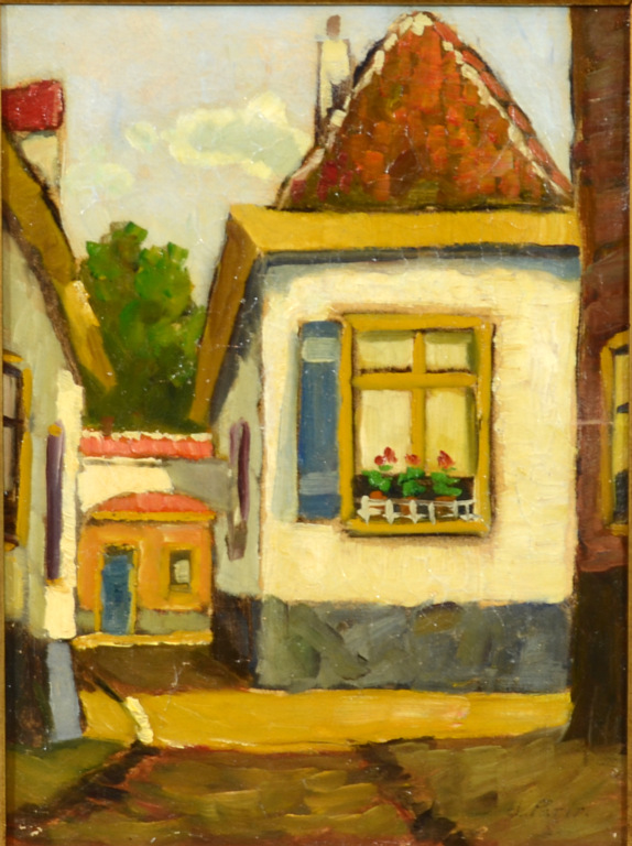 A C W Terhell(1863-1949) - Stadsgezicht - "Oud Woonhuis met Bloemen in Venster". kopen? Bied vanaf 70!