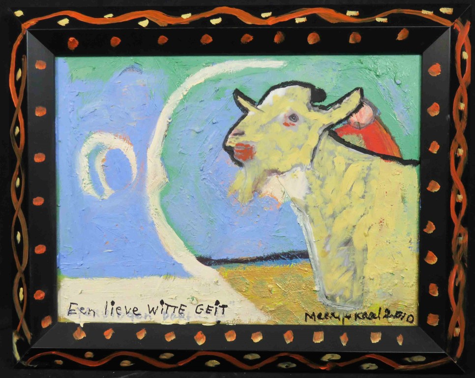 Meertje Kaal: Olieverf en collage op doek, Een lieve witte geit - Ingelijst verkocht voor € 46!