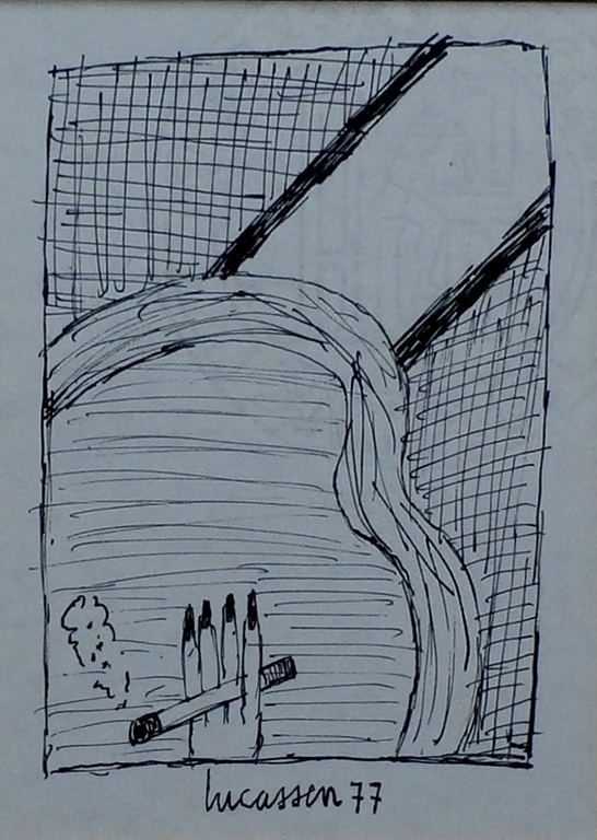 Reinier Lucassen - pen en inkttekening: Vrouwenhand met brandende sigaret - 1977 verkocht voor € 275!