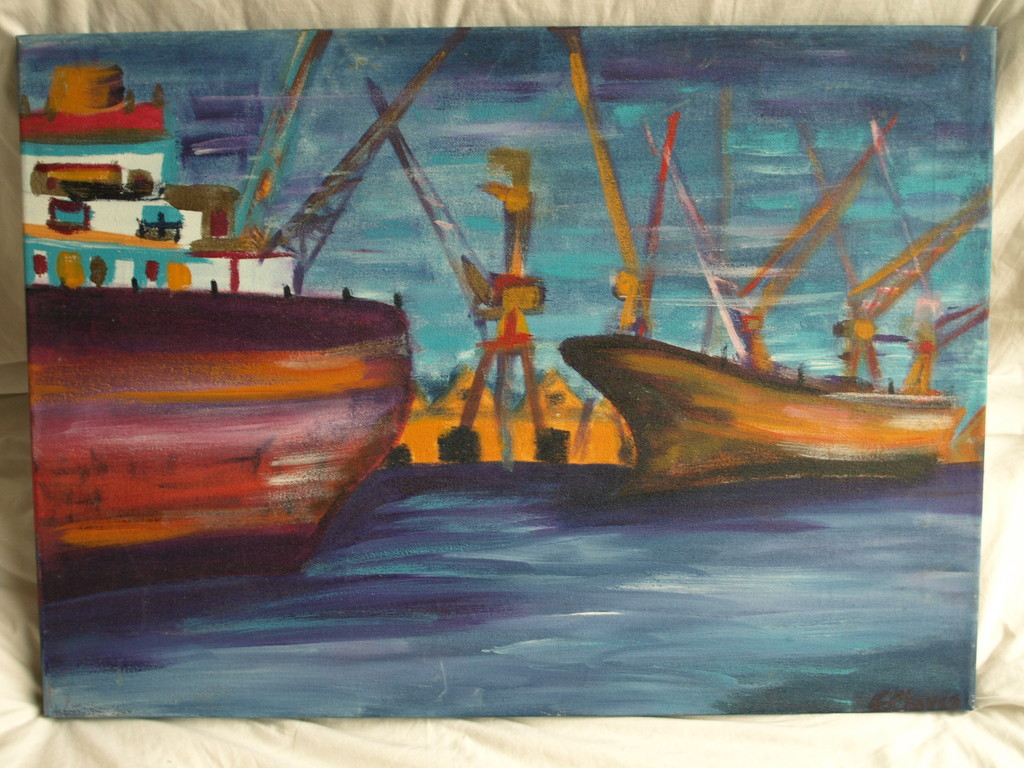 Onduidelijke signatuur: Acrylverf op doek – Haven – 50 x 70 cm.  kopen? Bied vanaf 25!