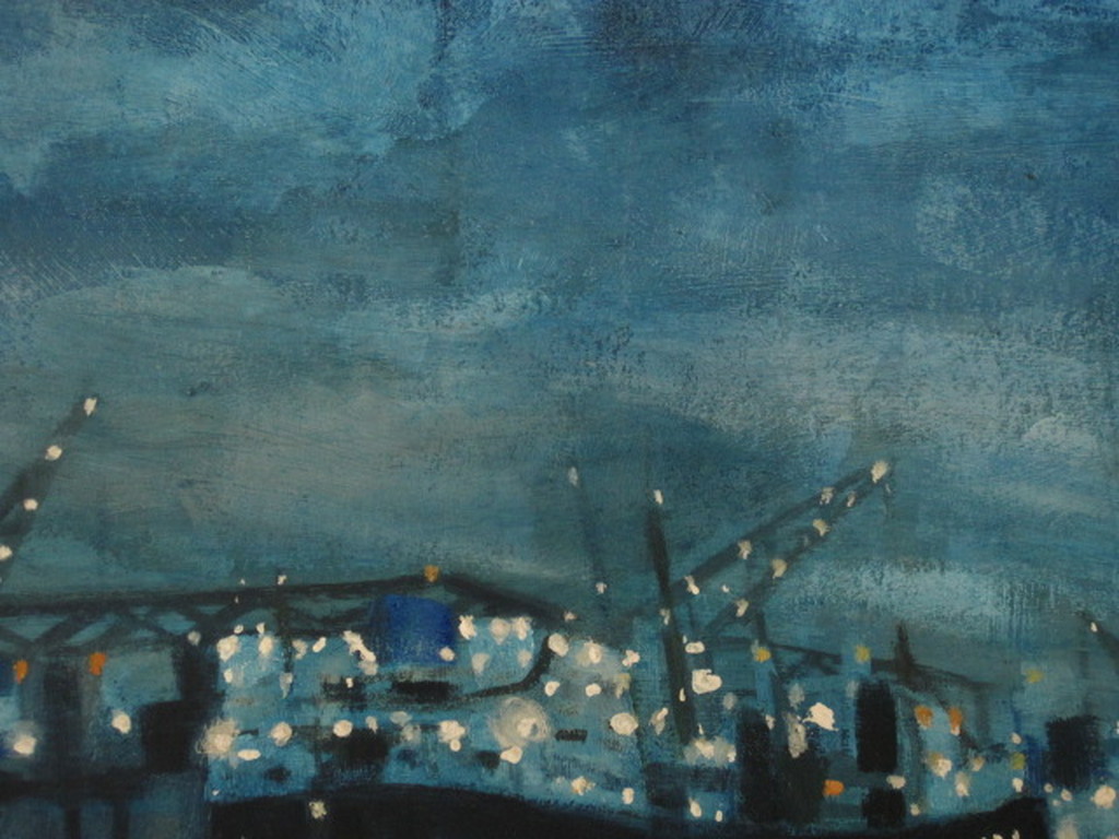 GROOT acrylverf op board schilderij "Haven van Rotterdam bij nacht" gesigneerd  kopen? Bied vanaf 1!