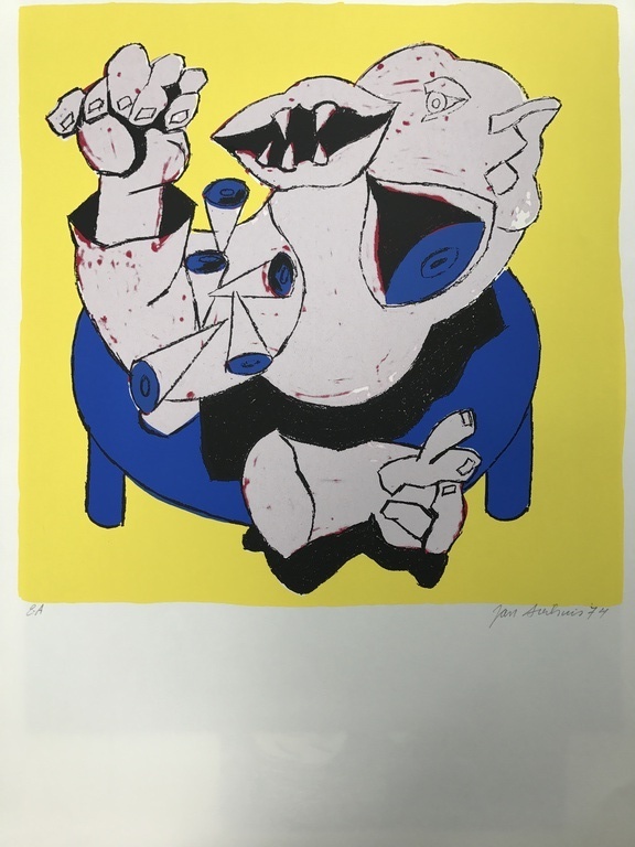 Jan Sierhuis E.A Zeefdruk/Litho de blauwe tafel 1974 verkocht voor € 50!