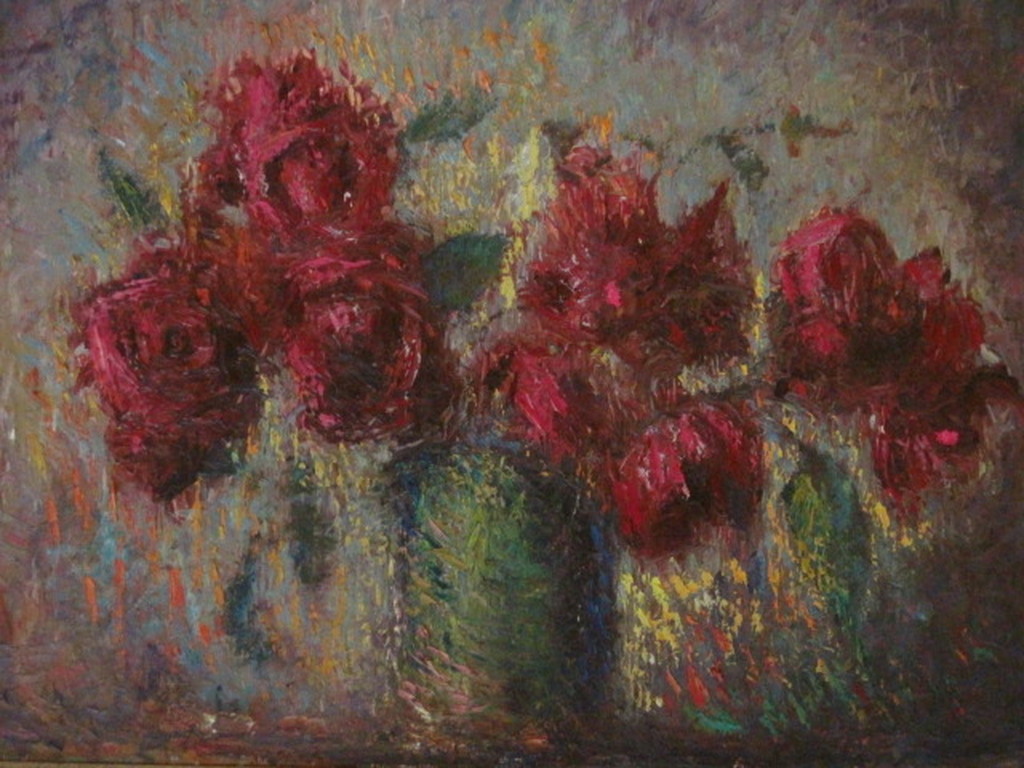 Impressionistisch Bergense School olieverf "stilleven Rozen" gesigneerd Vis  verkocht voor € 80!