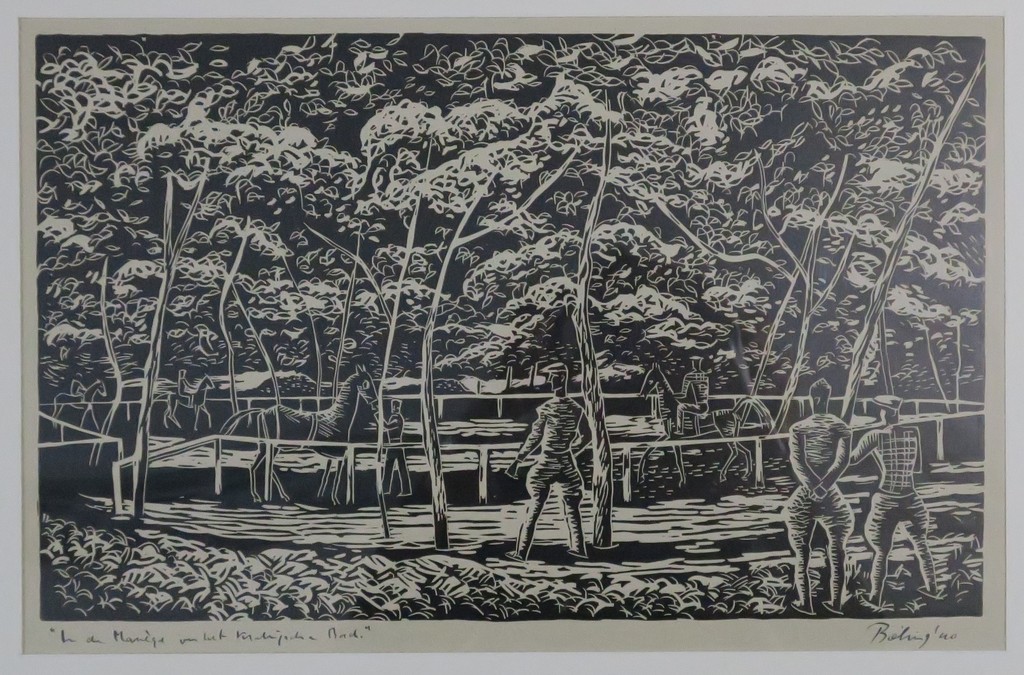 Herman Bieling: Lino op papier velin, In de Manege van het Kralingsche Bosch verkocht voor € 60!