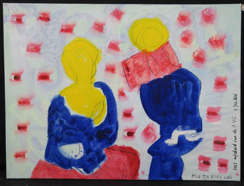 Meertje Kaal: Acryl op doek, Het afscheid van de AVC. - Ingelijst verkocht voor € 40!