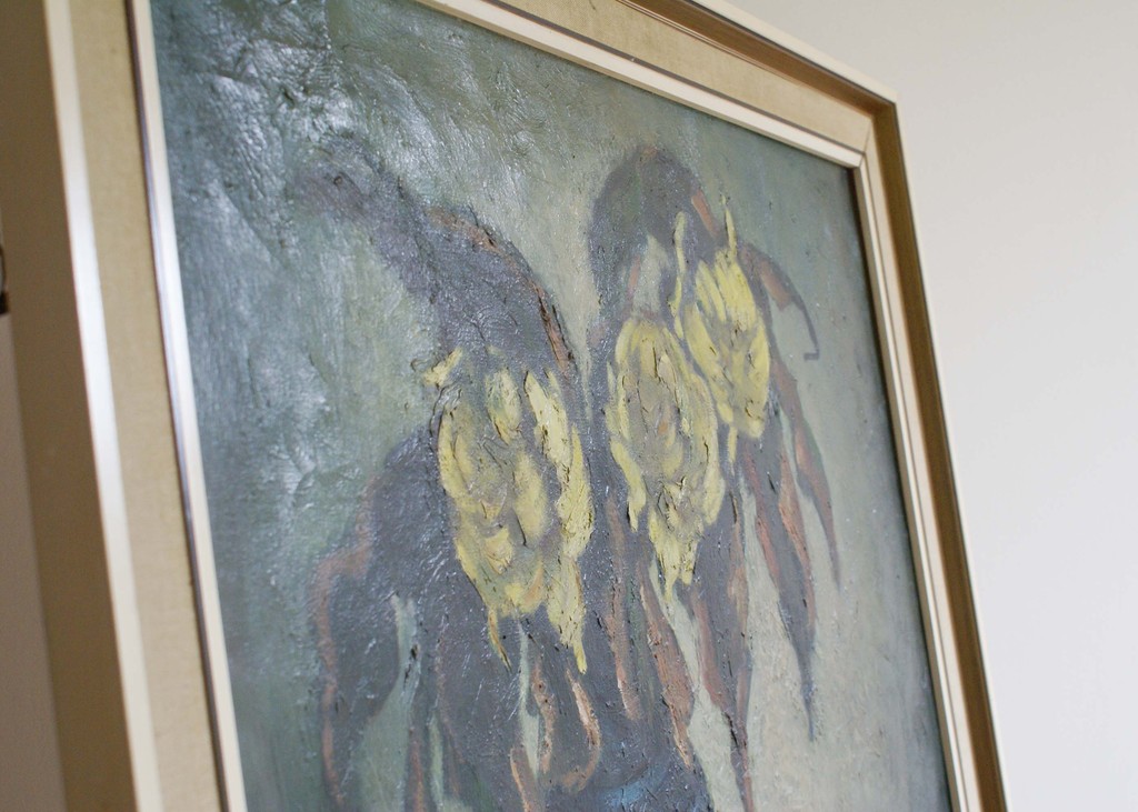 Groot bloemstilleven in houten lijst. Olieverf schilderij op doek. Chrysanten  kopen? Bied vanaf 110!