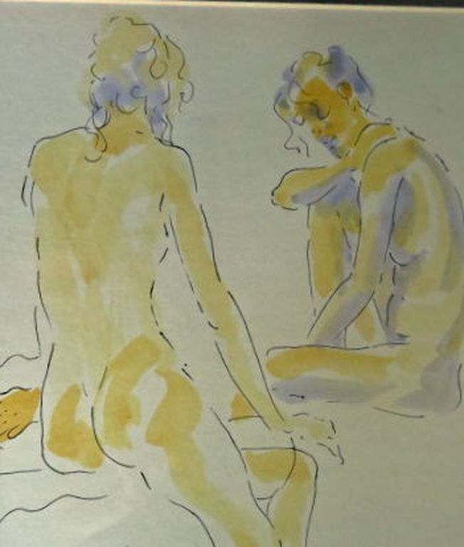 "Zonnig naakt" - combi pentekening aquarel - ingelijst - signering onduidelijk kopen? Bied vanaf 1!