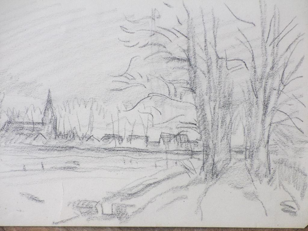 W.B.Tholen, Landschap bij kerkdorp, Tekening verkocht voor € 50!