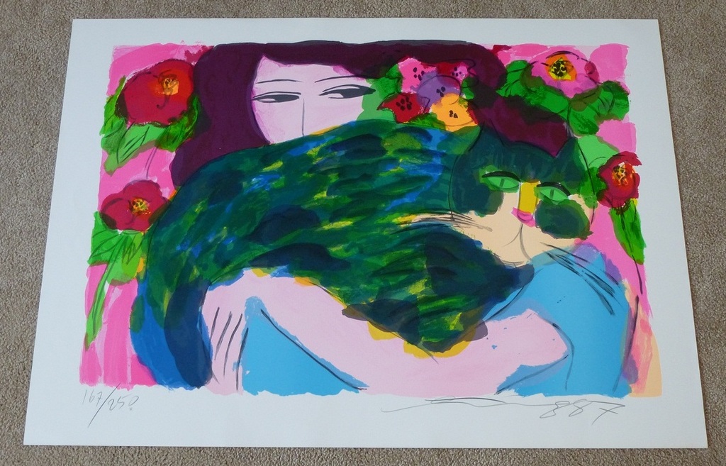Walasse Ting, grote litho: The girl with the green cat, handgesigneerd en genummerd, 1987 kopen? Bied vanaf 550!