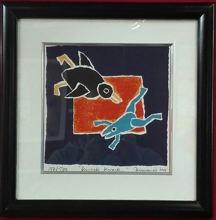 Hans Innemee, zeefdruk op papier in lijst, Titel: Kwaak Kwaak kopen? Bied vanaf 50!